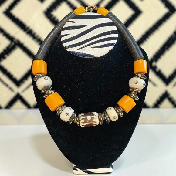 Artisan Jewelry - Handmade Kenyan Statement Necklace Bakelite & Carved Bovine Bone Brass Accents